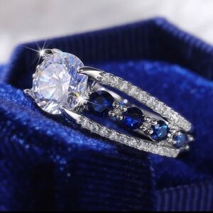 NEW 925 Silver Blue Sapphire Diamond Ring Oval Cut Ring